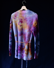 Load image into Gallery viewer, Tie dye cardigan with blue, pink, yellow and purple. Ice dyed to blend colors.
